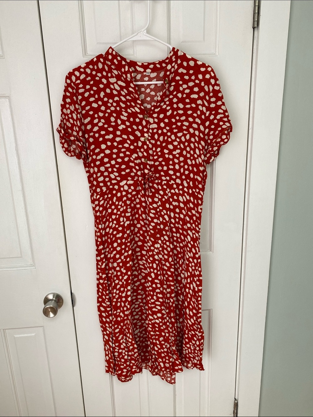 Red Short Sleeve Polka Dot Midi Dress